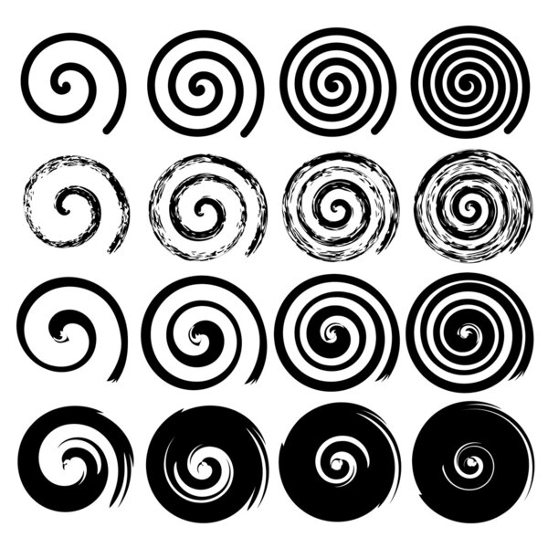 Set of spiral motion elements, black isolated objects, different brush texture, vector illustrations