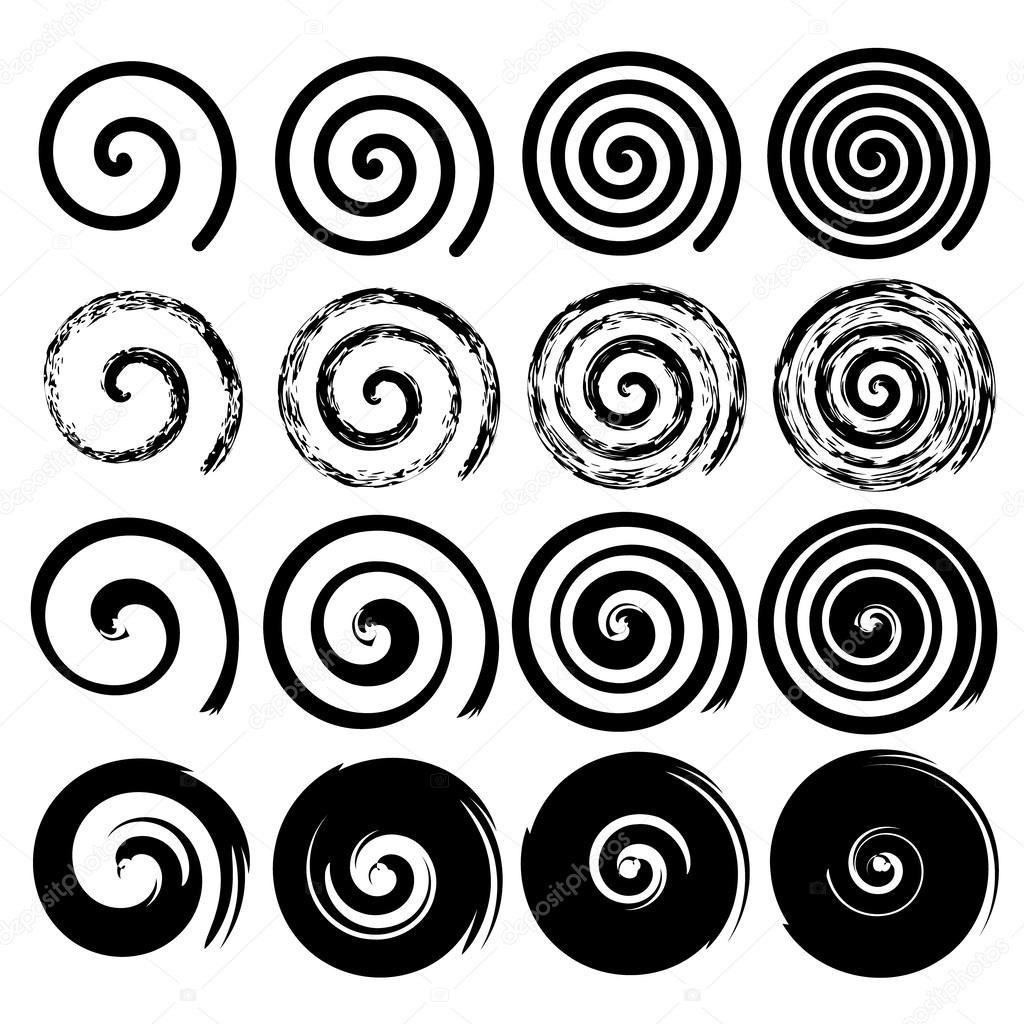 Set of spiral motion elements, black isolated objects, different brush texture, vector illustrations