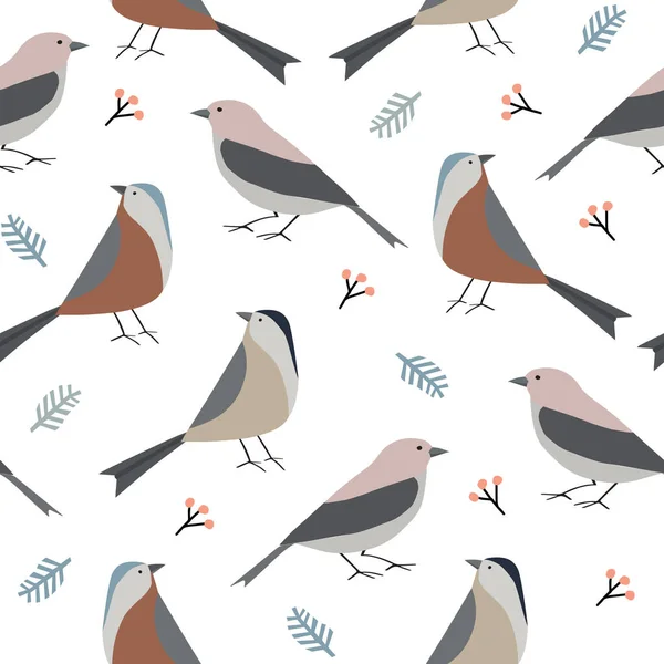 Cute hand drawn Christmas seamless pattern with colorful birds, fir tree branches and rowan berries. Winter flat design for textile, scrapbooking. Vector illustration background. Wild forest animals. — Stock Vector