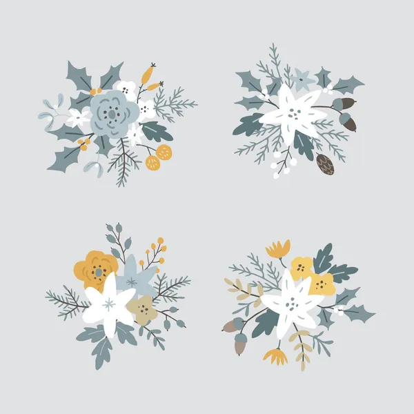 Christmas set of floral bouquets. Flowers, poinsettia and pine cones. Spruce, fir tree branches, leaves and holly berries isolated on blue background. Hand drawn design elements. Winter vector. — Stock Vector