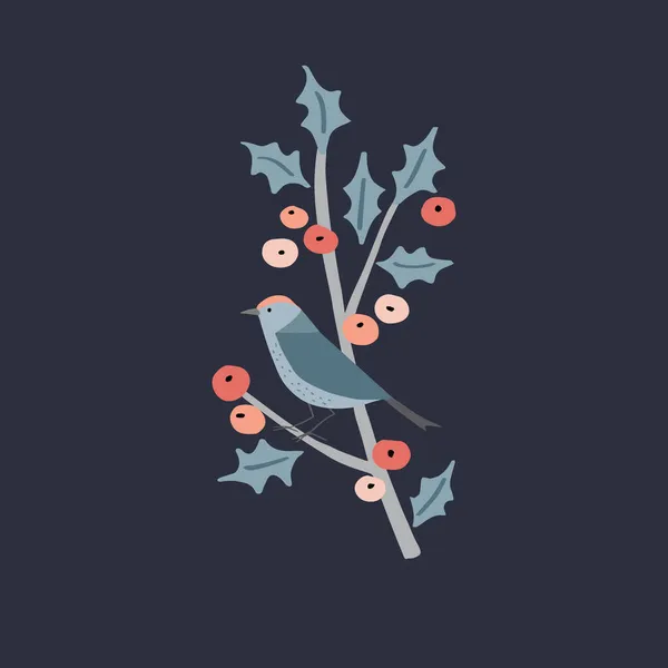 Årgång Julkort, inbjudan. Träpacker fågel sitter på järnek gren med bär. Nordisk retrodesign. Mörkblå vektor illustration bakgrund. Platt skandinavisk vinterdesign. — Stock vektor
