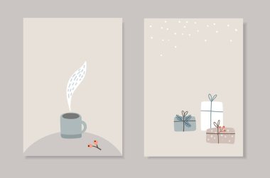 Bir dizi Noel İskandinav tebrik kartı, davetiyeler. Buharlı çay, dutlu kahve. Karlı dekoratif yarık kutuları. İskandinav klasik kış tasarımı. Retro vektör illüstrasyonu