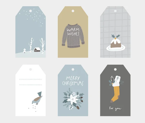 Kerstpakket Scandinavische cadeaulabels, etiketten. Vogels, gebreide trui, bloemen en pudding met hulst bessen. Gecontroleerd patroon. Winterlandschap met huis. Noordse vormgeving. Vector illustraties — Stockvector