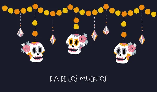 Dia de Los Muertosグリーティングカード、招待状。死者の日のメキシコ人。装飾的な頭蓋骨の装飾をぶら下げオレンジ色のマリーゴールドの花の庭、タテスの花。ベクターイラスト、背景. — ストックベクタ