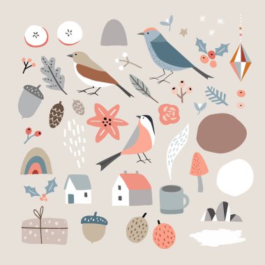 Bir dizi Noel İskandinav hayvanı ve doğal elementler. Kuşlar, Noel süsleri, çiçek ve böğürtlen. Soyut organik şekiller. Retro tasarım. İzole vektör çizimleri.