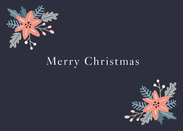 Weihnachtsgrußkarte, Einladung. Blühende Ecken aus roten Weihnachtssternen, Beeren und Tannenzweigen. Frohe Weihnachten. Wintervektorillustration, Web-Banner. Dunkelblauer Hintergrund. — Stockvektor
