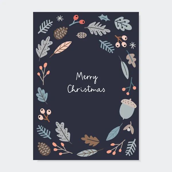 크리스마스 인사 카드, 초대합니다. 붉은 열매, 고사리 및 참나무 잎으로 된 식물상. 솔방울 과 전나무 가지들 이원형이다. 메리 크리스마스 텍스트. Winter blue vector illustration, web banner. — 스톡 벡터