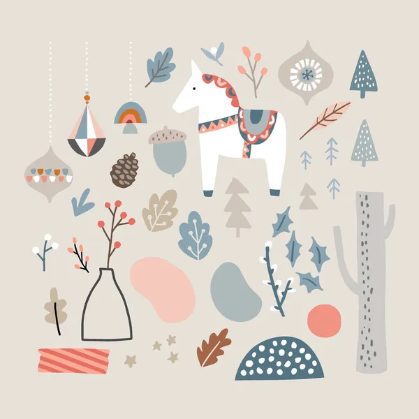 Set de animales escandinavos navideños y elementos naturales. Caballo de Dala, adornos navideños, flores y bayas. Formas orgánicas abstractas. Diseño retro nórdico. Ilustraciones vectoriales aisladas. — Vector de stock