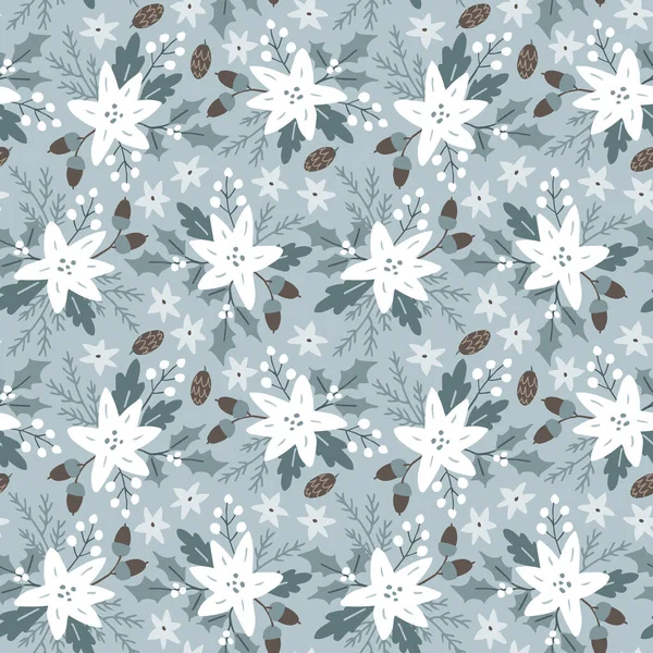 Beautiful Christmas seamless pattern with poinsettia flowers. White berries, acorns and fir tree branches on blue background. Winter floral design for wrapping paper, srapbooking, textile. Vector — Stock Vector