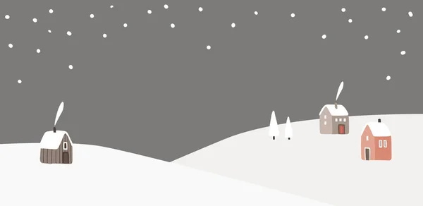 Winter landscape. Hills with cute houses, smoking chimneys. White trees and hills. Falling snow, dark night sky. Festive, holiday banner. Empty copy space. Flat design. Vector illustration background. — Stock Vector