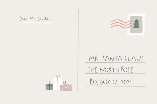 Šablona dopisu Santas s prázdnou kopií a dárkovými krabicemi. Vánoční přání. Ručně psaná dovolená na severní pól. Pozadí vektorové ilustrace. Koncept zimní pošty. Ročník plochý design — Stockový vektor
