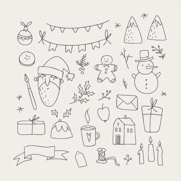 Set of hand drawn Christmas doodles. Santa, snowman, gingerbread cookie. Winter decorations, christmas ornaments, balls, bunting flags. Isolated food and drink vector objects. Festive graphic elements — Stock Vector