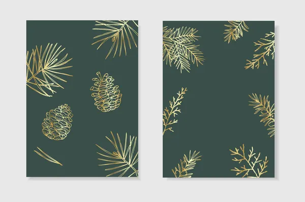 Vintage-Weihnachtseinladungen. Set mit floralen Grußkarten. Feiertagsflorale Rahmen mit immergrünen Tannenzweigen, Tannenzapfen. Elegante Illustrationen mit goldenem Stich. Winter design. Grüner Hintergrund — Stockvektor