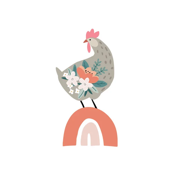 Ostergrußkarte, Einladung mit Regenbogen und Henne auf weißem Hintergrund. Bauernvogel, Huhn mit floralem Dekor, handgezeichnete Blumen. Frühjahrskonzept. Vektor-Illustrationen, flaches Design. — Stockvektor