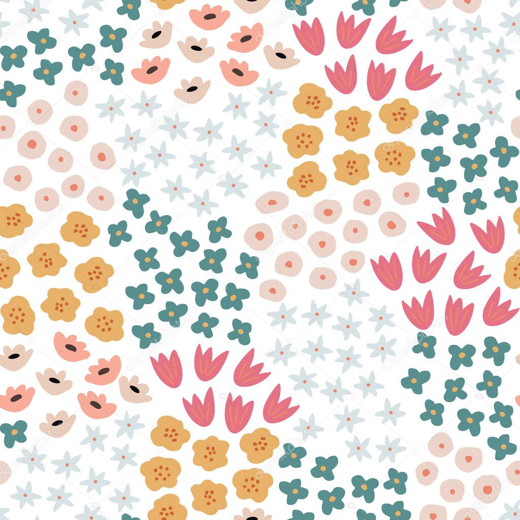 Abstract floral seamless pattern. Colorful flowers, plants. Botany spring, summer set. Cute colorful design. Tulips, daisies. Flat style isolated floral elements. Vector illustration background.