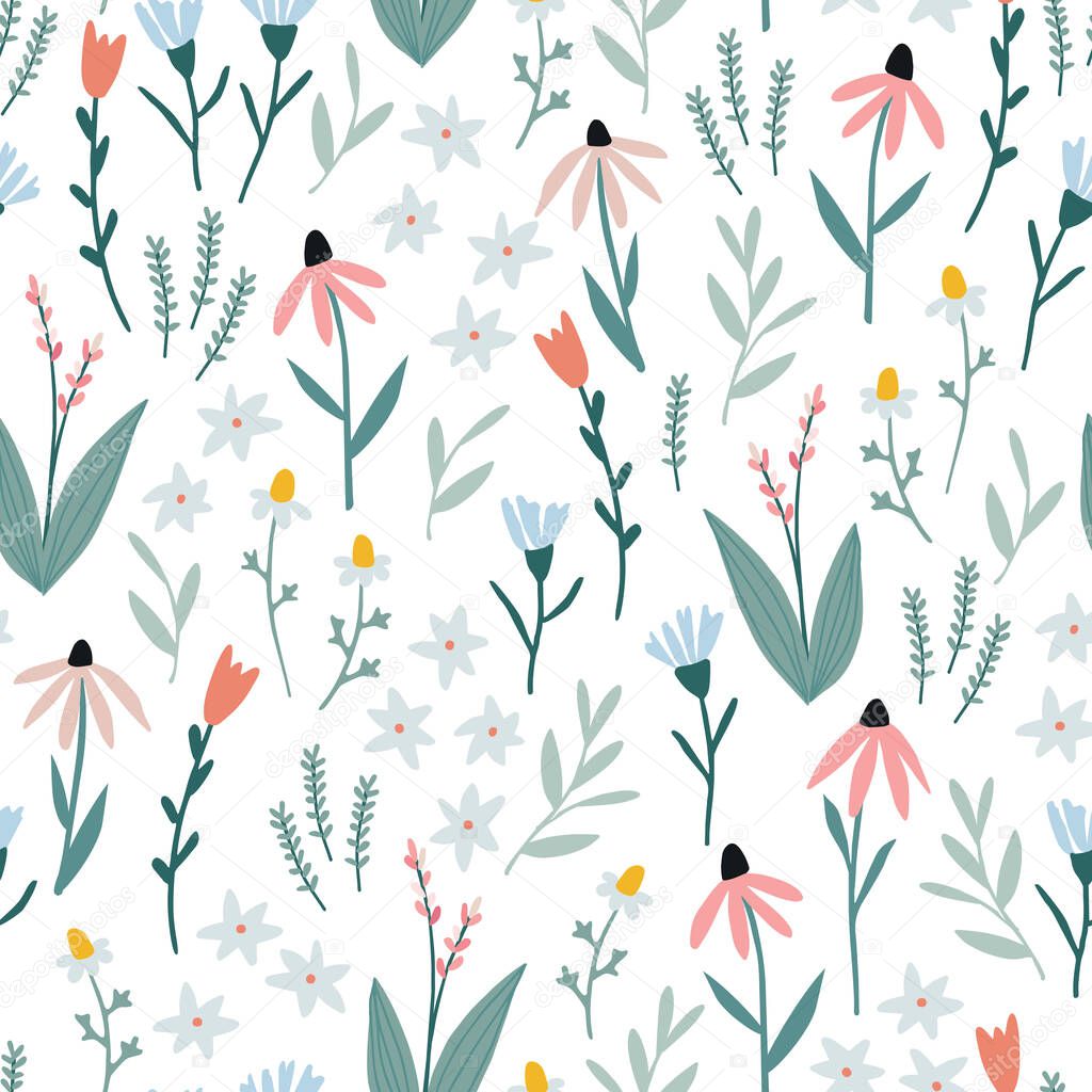Herbal floral seamless pattern. Hand drawn colorful flowers, plants, leaves. Spring, summer set. Wild garden, meadow design. Echinacea, chamomile, cornflower and tulips. Vector illustration background
