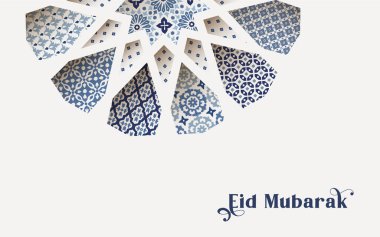 Süslü arap fayanslarından oluşan mavi süsleme seti, süs yıldızının penceresinden desenler. Kutlama kartı, Müslüman bayramı için davetiye Ramazan Kareem. Vektör illüstrasyon arka planı, Kurban Mübarek web pankartı.