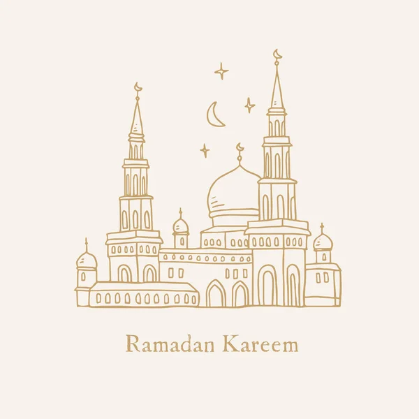 Bâtiment de mosquée arabe avec tours de minaret. Ciel nocturne avec lune, étoiles. Fête musulmane Ramadan Kareem carte de voeux, invitation. Illustration vectorielle d'art de ligne d'or dessinée à la main. Croquis de doodle de l'Aïd ul Fitr — Image vectorielle