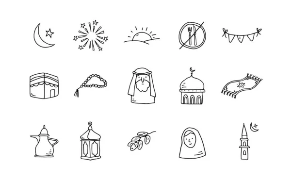 Set of hand drawn icons for holy month Ramadan Kareem.Islam, muslim religion concept. Isolated vector objects. Mosque with minaret tower. Moon and date fruit. Arab man, woman in hijab. Eid ul Fitr. — Stock Vector