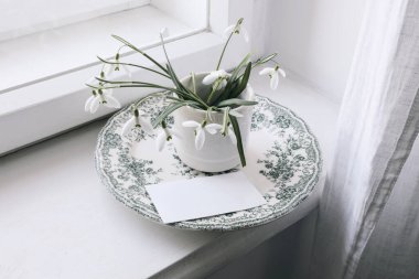 Bahar natürmort. Vintager yeşil dekoratif tabakta çiçek vazosu. Kartvizit modeli, galanthus bitkileri. Kadınsı kış buketi. Pencere kenarı kompozisyonu. Bulanık arkaplan.
