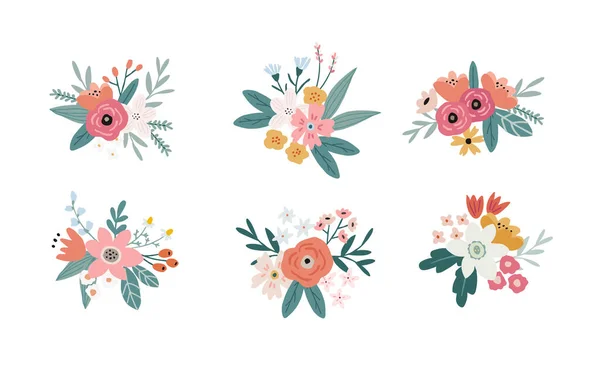 Set of springtime, summer bouquets made of tulips, roses, narcissus flowers and leaves. Floral decoration. Isolated vector objects., flat design. For wedding, birthday cards, invitations, web banners. — Stock Vector