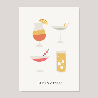 El yapımı alkollü içecekler, buz küpleri, kabarcıklar ve meyveli kokteyller. Yaz tatili ve plaj partisi, yıldönümü konsepti. İzole vektör simgeleri, doğum günü tebrik kartı, davet.