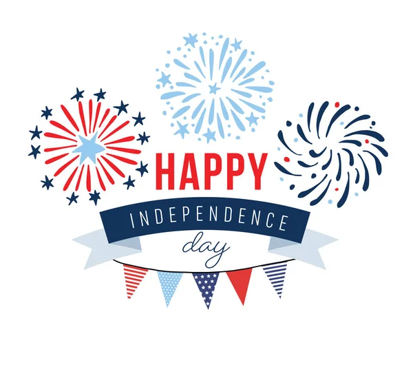 Grattis Självständighetsdagen Nationaldagen Juli Gratulationskort Inbjudan Handritade Fyrverkerier Festflaggor Usa — Stock vektor