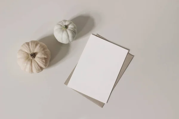 Autumn, fall stationery mockup scene. Blank greeting card, invitation, craft paper envelope on beige table background. White pumpkins, Thanksgiving, Halloween concept.