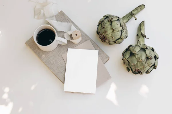 Vegetable Stationery Still Life Scene Cup Coffee Green Artichoke Blank — ストック写真