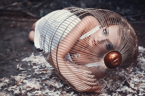 Prachtige blond meisje in een gouden kooi — Stockfoto