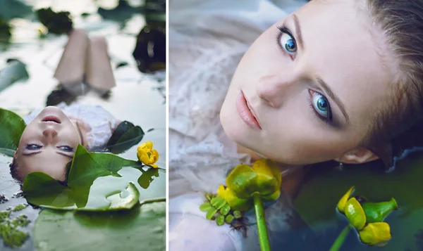 Schöne Mädchen liegt im Wasser zwischen den Blumen. Zusammensetzung — Stockfoto