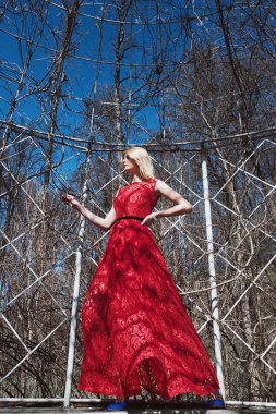 uzun Kırmızı elbiseli genç güzel kadın portresi