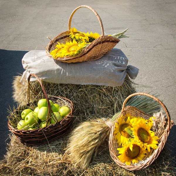 Heads of grain, apples and sunflowers. Harvest on the haystack Royalty Free Stock Photos
