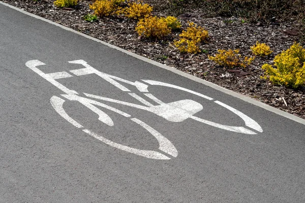 Bicycle lane with bicycle white road sign. Sustainable lifestyle concept.