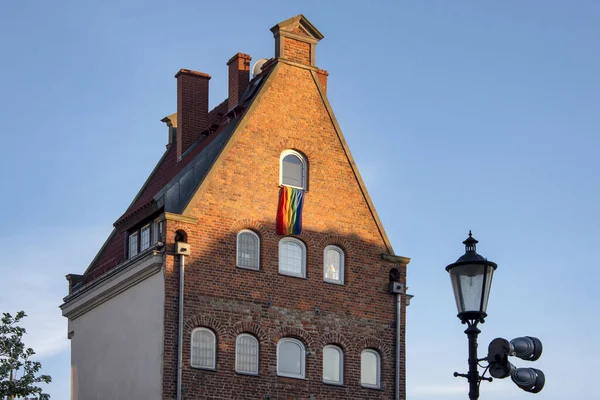 Lgbt Flag Hanging Balcony Gay Rainbow Flag Hanging Window Apartment — Stock Photo, Image