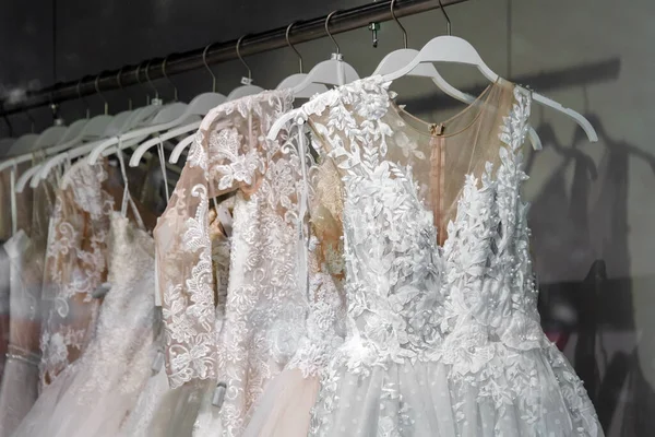 Beautiful Bridal Dress Hangers Wedding Dress Close Wedding Salon Wedding — Stock Photo, Image