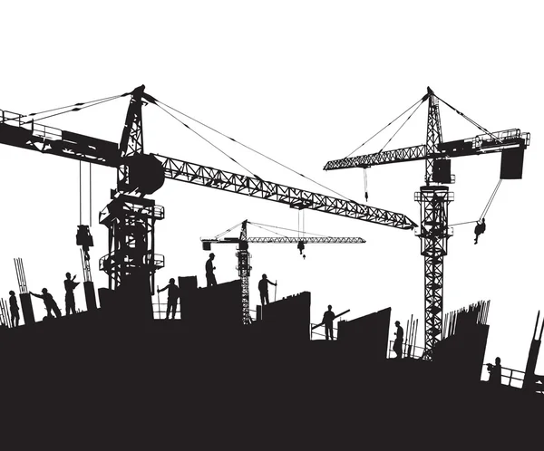 Silhouette del cantiere con gru e lavoratori — Vettoriale Stock