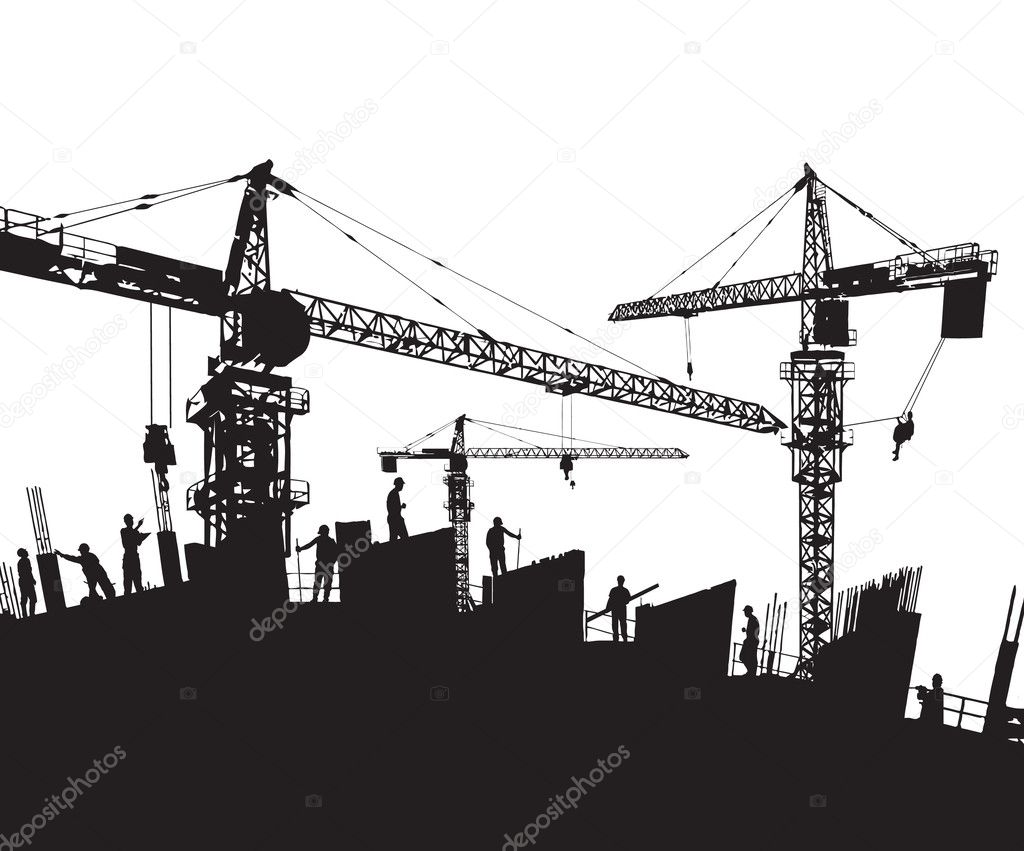 Construction site silhouette with cranes and workers