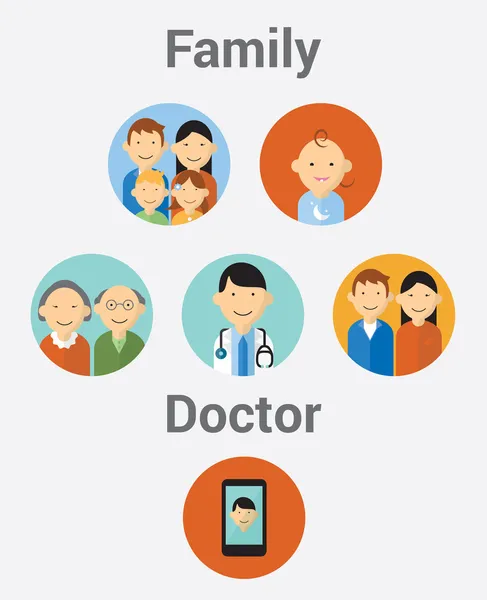 Colección vectorial de familia elegante, médico y teléfono celular en estilo moderno de diseño plano — Vector de stock