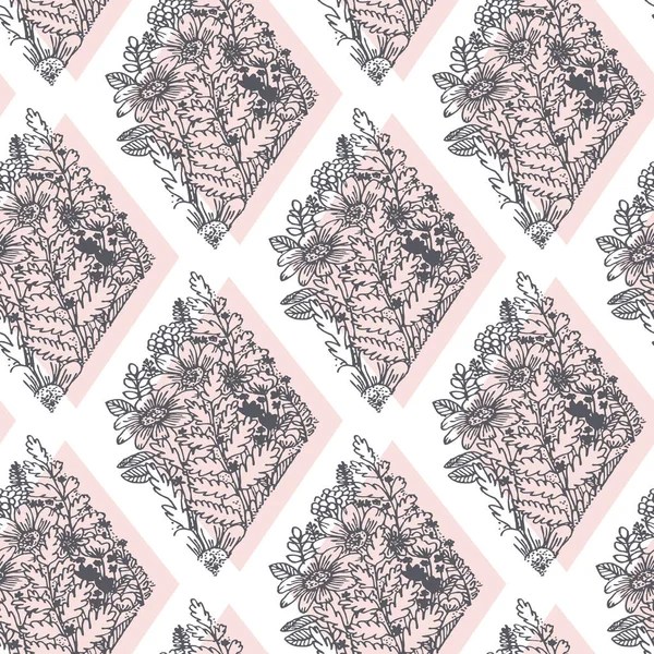Vektör çiçek ve eşkenar dörtgen el kusursuz desenli sanat çizgileri çiziyor. Kusursuz el çizimi vektör deseni. Dekoratif çizgili arka plan sanat tarzı çiçekler pürüzsüz.