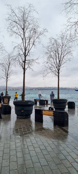 10 Mart 2021, İstanbul: Boğaz 'da sisli bir gündoğumunda balıkçı. Deniz kenarında olta kamışı. Sahilde koşan insanlar. İnsanlar sabah yürüyor.