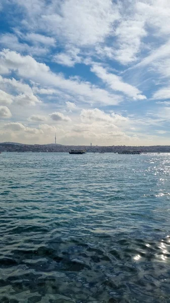 Panorama de Istambul no horizonte e gaivotas sobre o mar. Ampla paisagem do Chifre Dourado — Fotografia de Stock