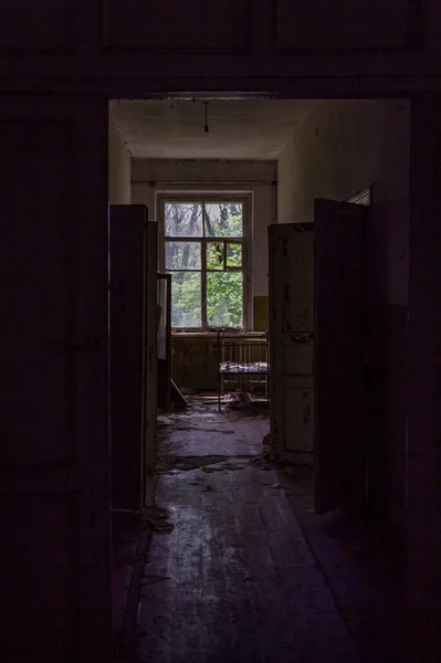 Couloir Abandonné Dans Maison Pripyat Zone Exclusion Tchernobyl 2019 Angle — Photo