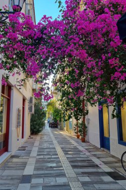 31 Eylül 2021 Yunanistan. Plaka bölgesinin dar sokaklarındaki renkli evlerin manzarası. Yunanistan.