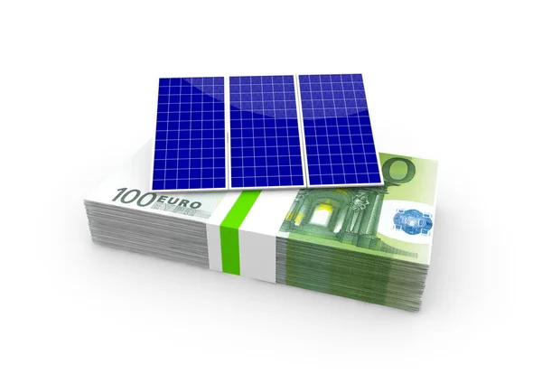 A solar panel on euro bundle — Stock Photo, Image