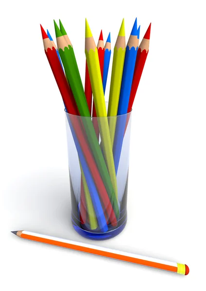 Crayons in glas with pencil before — Stock Photo, Image