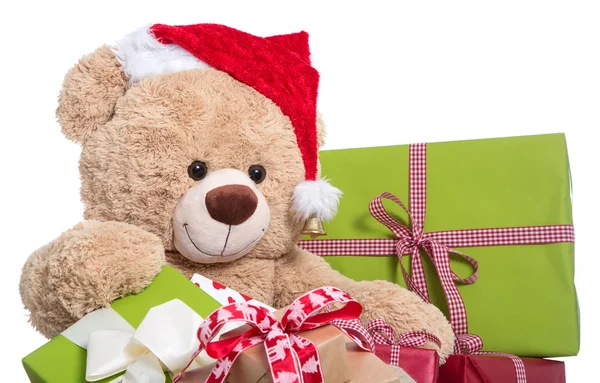 Urso de pelúcia usando chapéu de Natal — Fotografia de Stock