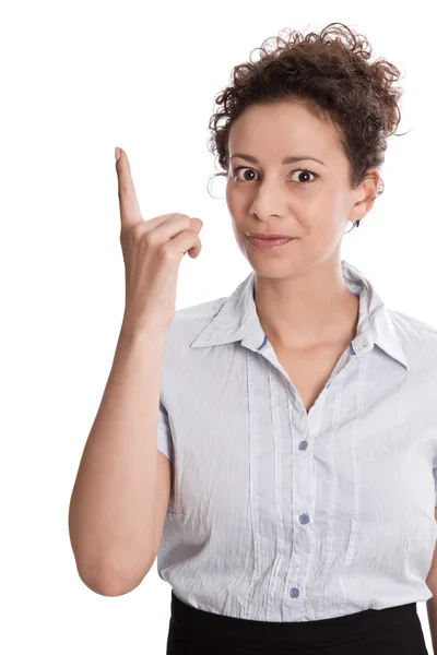 Zakenvrouw schudden vinger geïsoleerd op witte achtergrond — Stockfoto