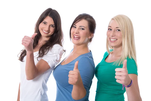 Group of happy trainees girls in first jobs with thumbs up isola — Stock Photo, Image