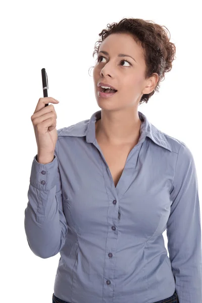 Young business woman isolated in a blue shirt looking surprised — Stock Photo, Image